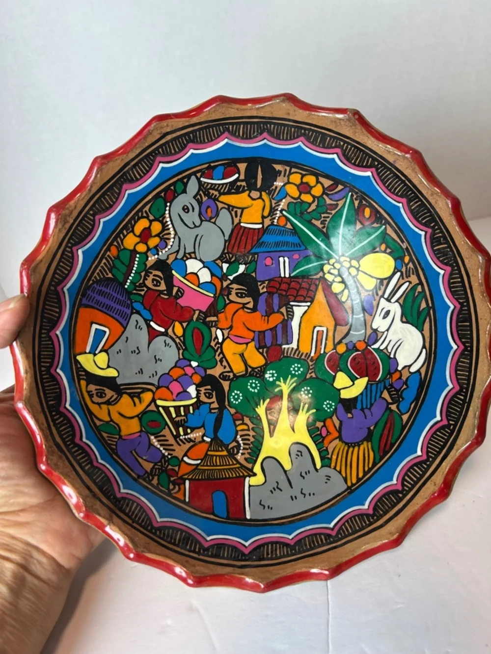 Vtg Mexican Folk Art Pottery Story Bowl Village Harvest Scene Colorful